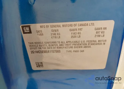 2010 Chevrolet Impala Ltz z USA, uszkodzony, nr VIN 2G1WC5EM8A1157980